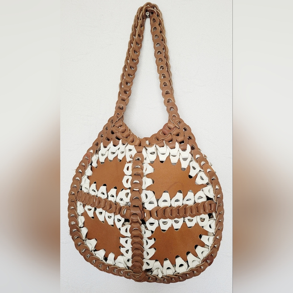 Genuine Braided Leather Boho Chic Hobo Bag Two-Tone Cognac/White - Picture 3 of 13